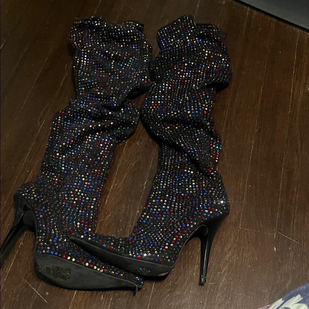 Jeffrey Campbell Black Multicolor Rhinestone Heeled Boots